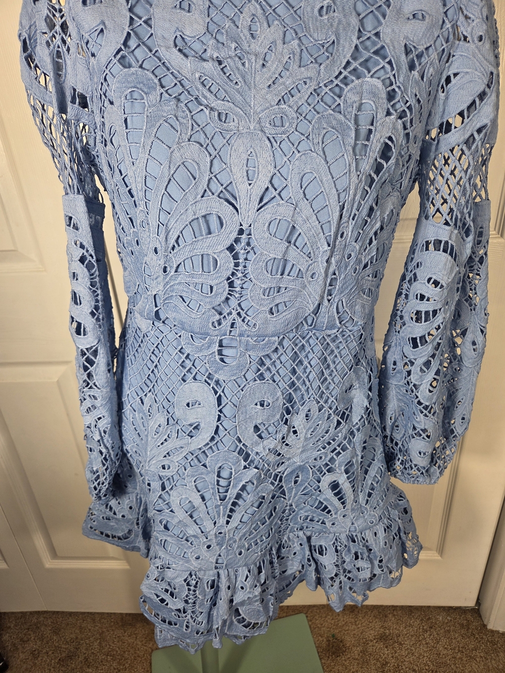 AQUA Blue Lace Mock Neck Long Sleeve Mini Dress Size L Romantic Ruffle Hem - Picture 2 of 10